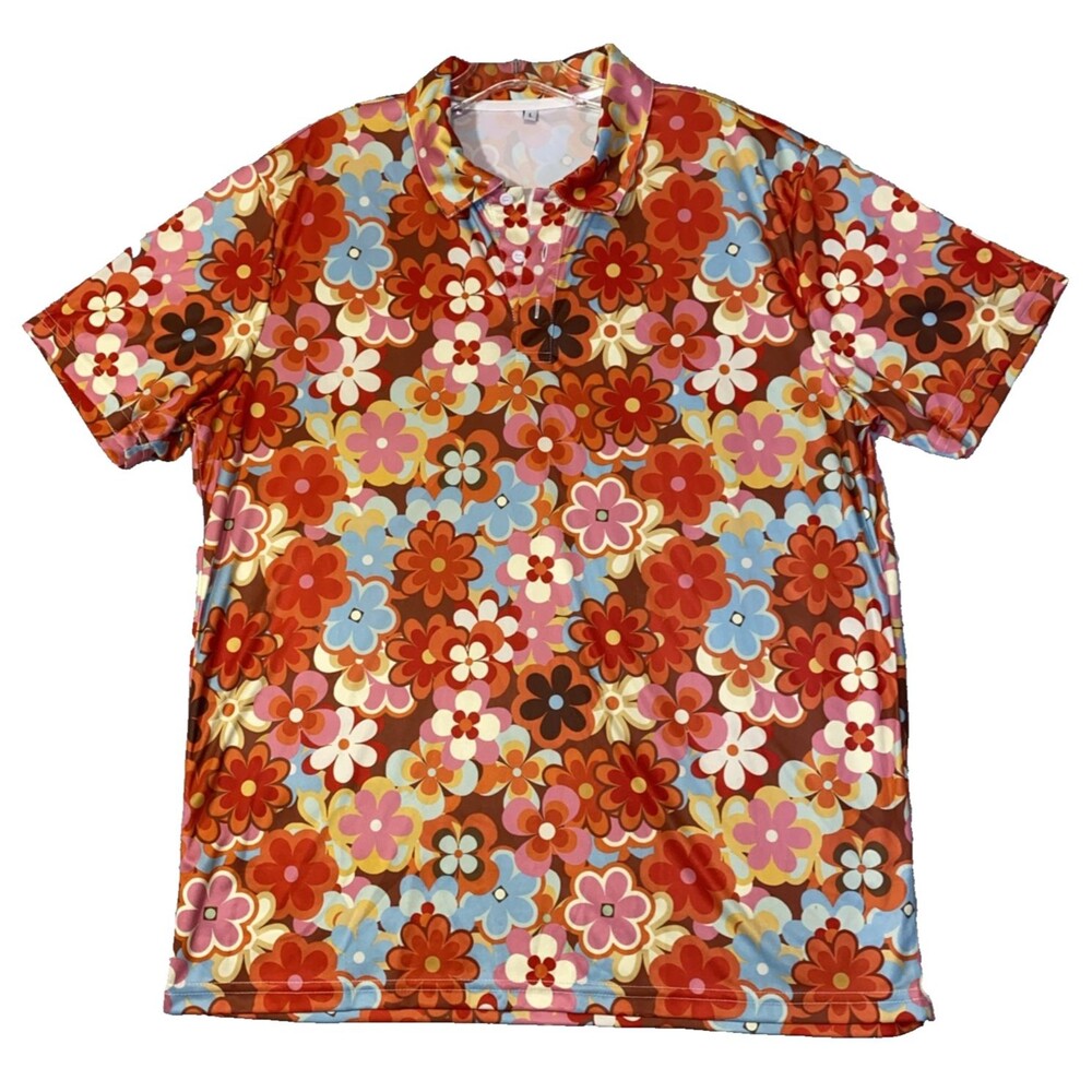 Shirt Mens Large Multicolor Retro 60s 70s Hippie Flower Power Short Sleeve